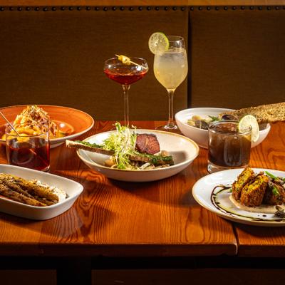 Various dishes served on the table, front view