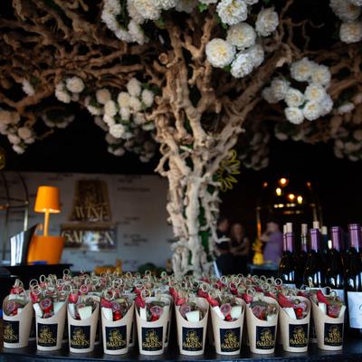 Interior, table with appetizers and wine.