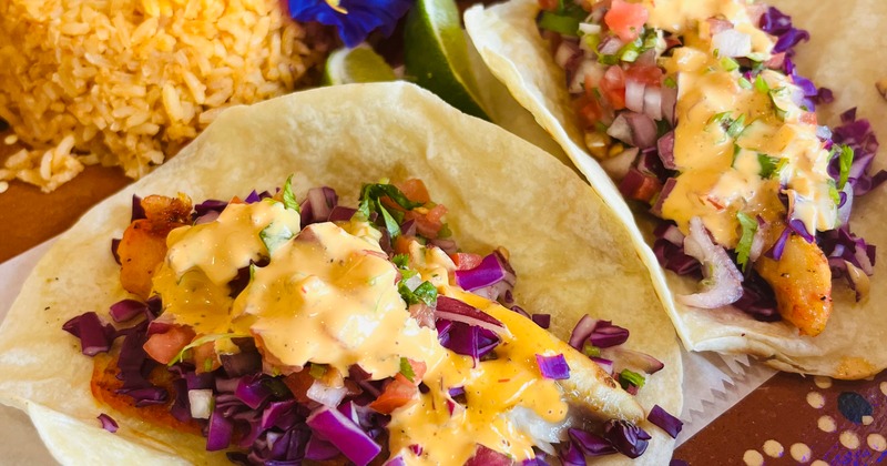 Plate of tacos served with black beans and rice
