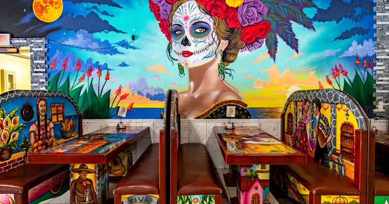 Interior, wooden booths ready for guests