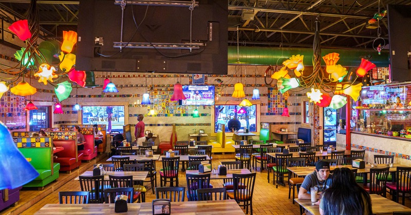 Interior, seating area with few quests at the tables