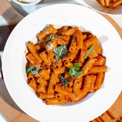 Rigatoni pasta in creamy vodka sauce.