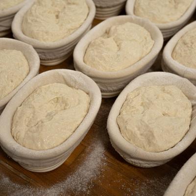 Sourdough dough fermenting in oval proofing baskets.