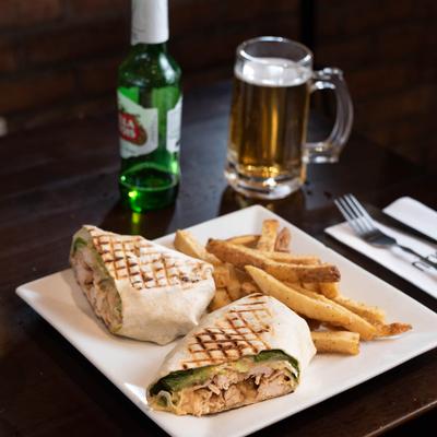 Mushroom sandwich and fries with beer.