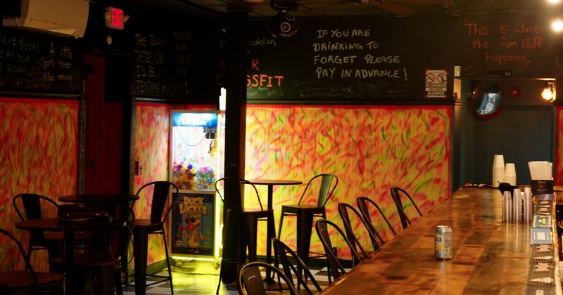 Bar area, tables, chairs