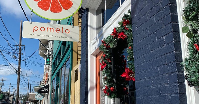 Exterior, POMELO sign in front