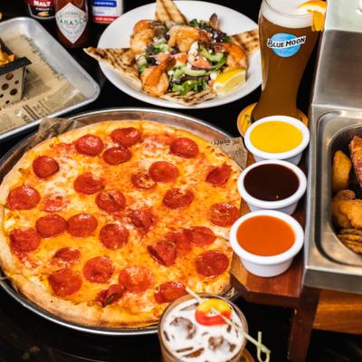 Pepperoni pizza, shrimp salad, and sauces.