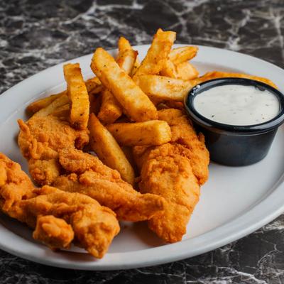 Fried chicken tenders with fries and a side of ranch dressing.