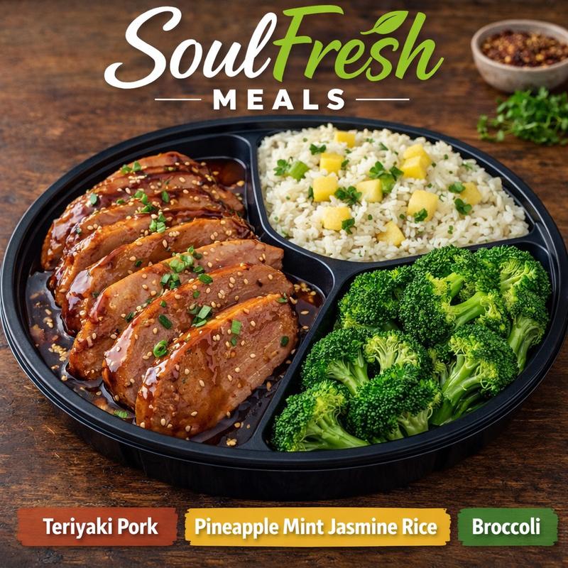 menu item 28 of 43, Teriyaki Pork | Pineapple Mint Jasmine Rice | Broccoli