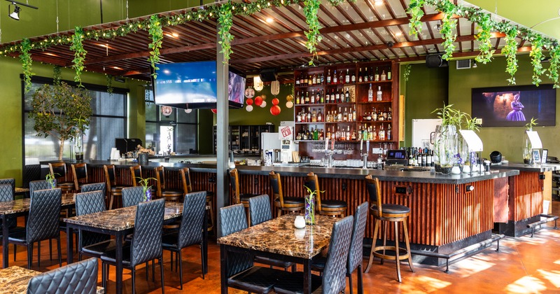 Vibrant Thai restaurant features a wooden bar, green walls, and hanging plants