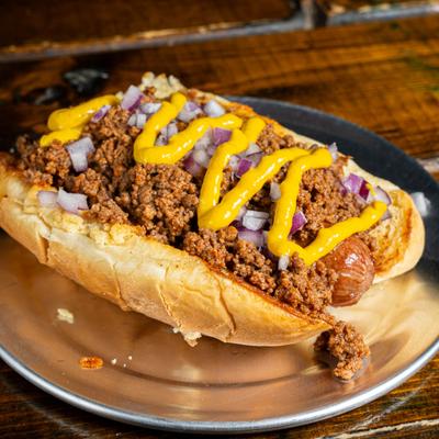 All Beef Grilled Chili Dog.