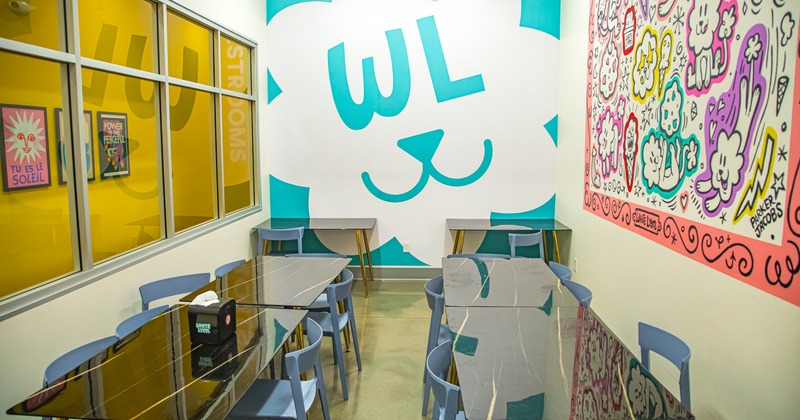 Colorful interior with glass tables