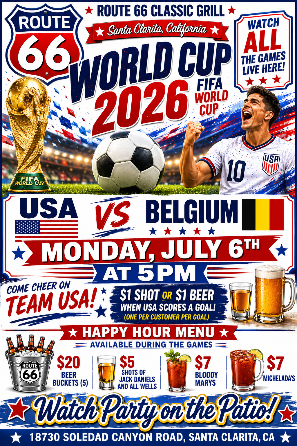 Monday July 6th USA Soccer vs Belgium 5pm watch it at Route 66 Classic Grill
