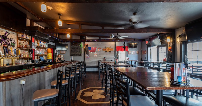 Dining area, tall tables and bar stools