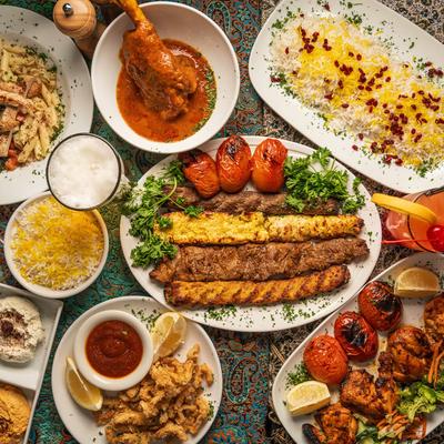 Various dishes served in the table, top view.