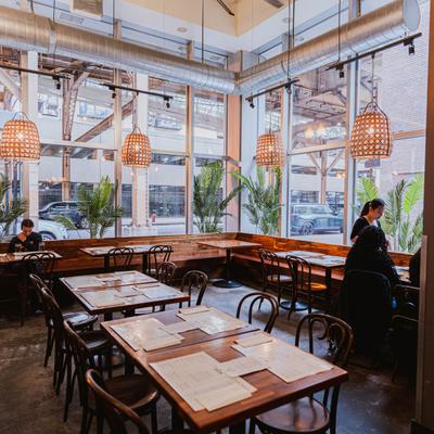 Dining area, tables and seats.