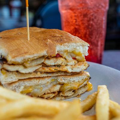 Chicken fajita panini  with fries.