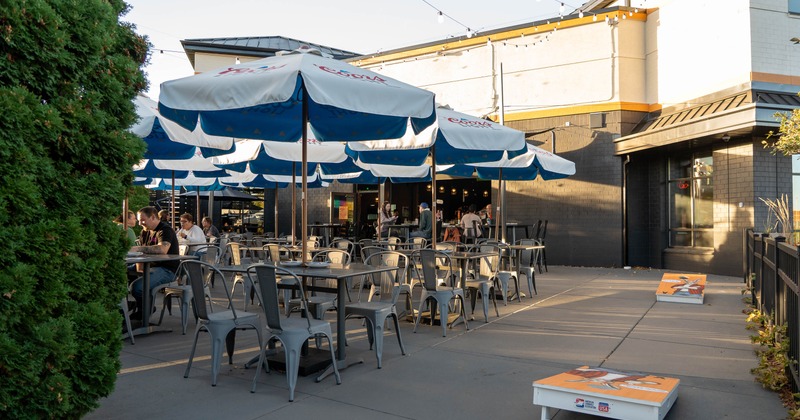 Exteriorm patio, tables, chairs, parasols