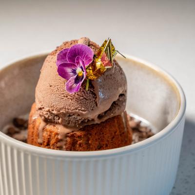 Chocolate cake topped with a scoop of chocolate ice cream and a purple edible flower.
