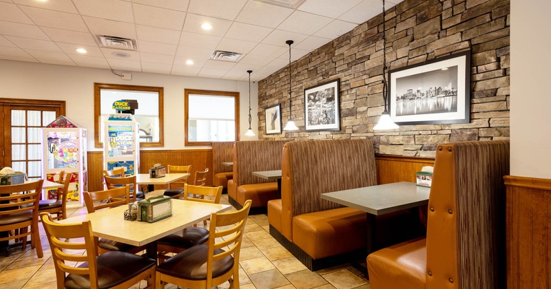 Interior, dining tables and booths, arcade machines