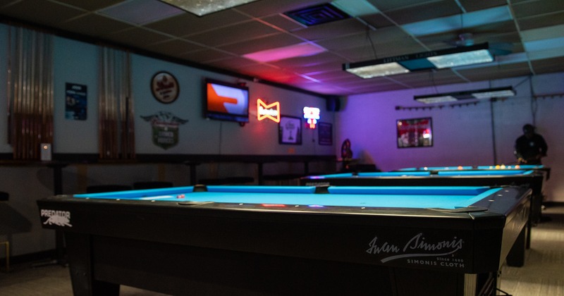 Pool table, in  front