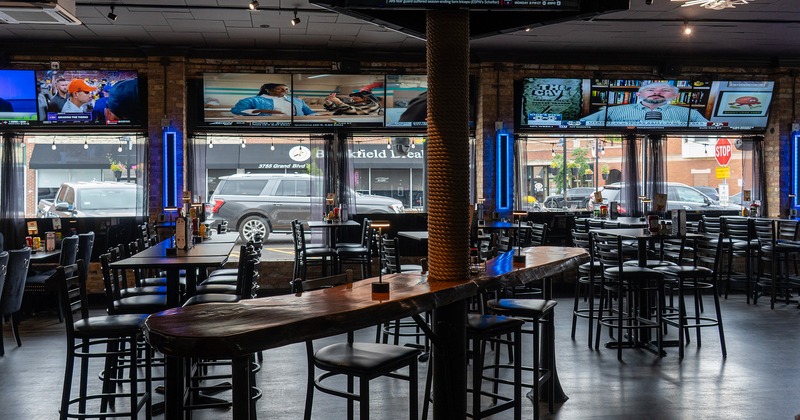 Sports bar interior space, seating area