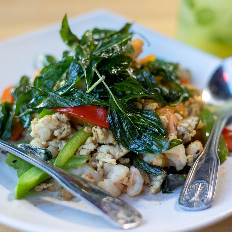 79. Chicken and Shrimp with Crispy Basil (gf) photo