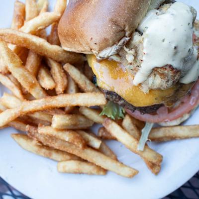 Chesapeake Burger and fries, top virw.