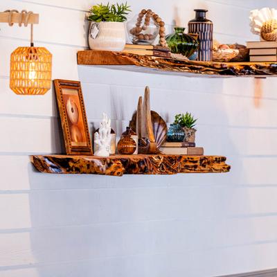 Interior, decorative objects on wall shelves.