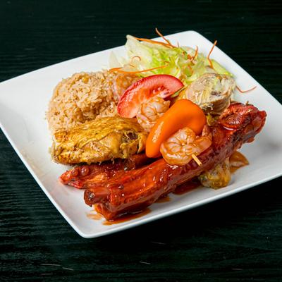 Thai fried rice with BBQ rib, BBQ chicken, and BBQ shrimp.