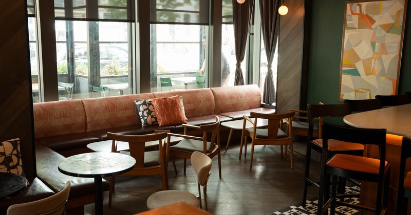 Interior, seating area with large windows