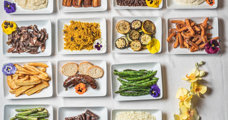 Grilled meat and fruit, rice on the side