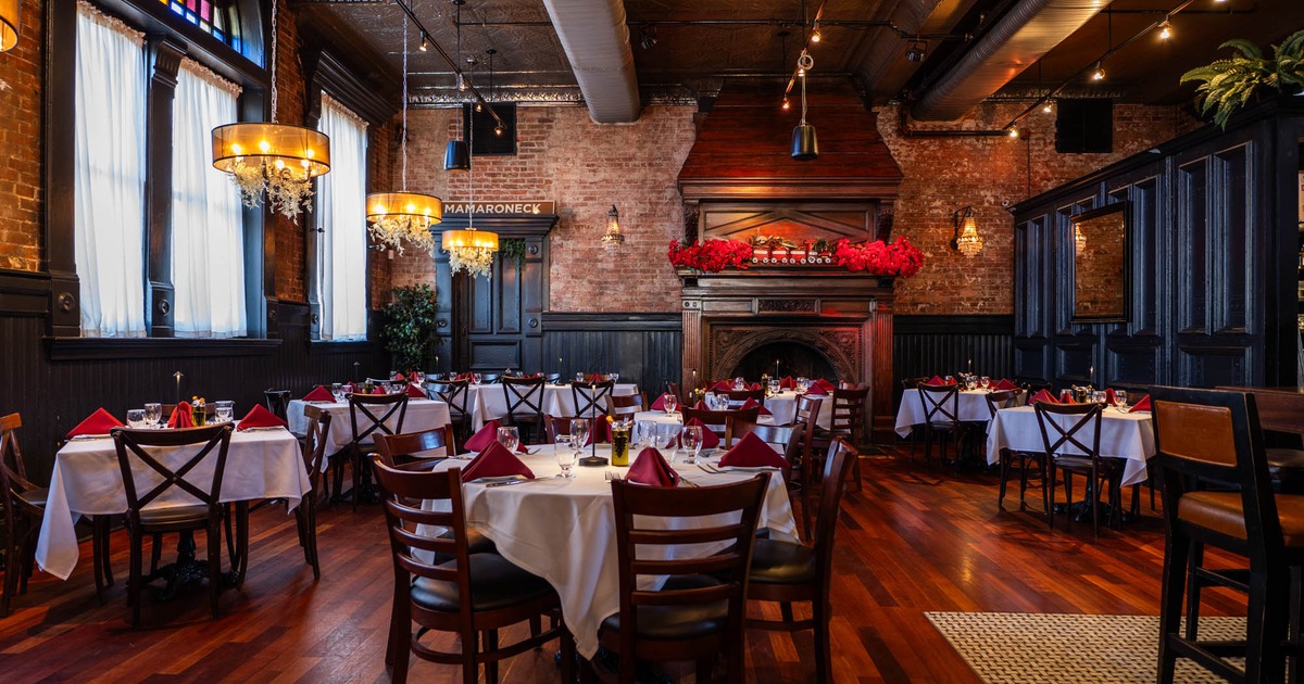 Interior, dining area, fireplace in the back