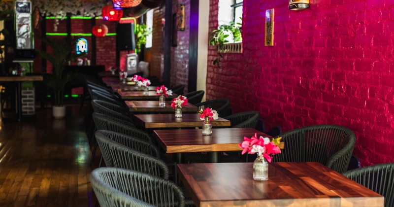 Interior, seating area, tables ready for guests