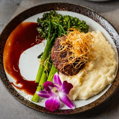 6oz certified angus beef filet mignon, sous vide, house sauce, chef's daily selection of seasonal sides.