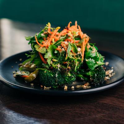Grilled Broccoli Sesame-Soy Vinaigrette, Cilantro, Thai Basil, Pickled Carrots and Jalapeno, Fried Garlic.