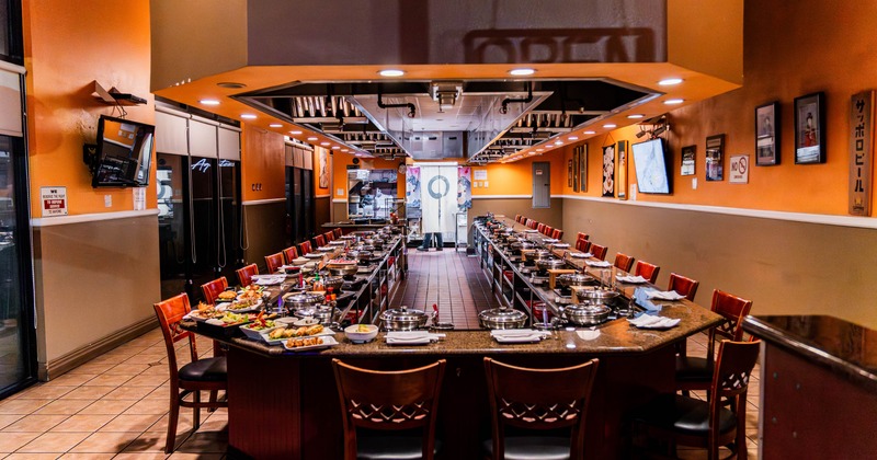 Dining area, long table with various food