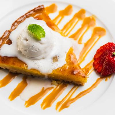 Pear tartlet, served, top view, closeup.