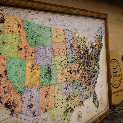 Interior, a map for guests to put thumb tacks that show where they have come from.