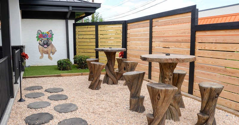 Patio, wooden tables and chairs