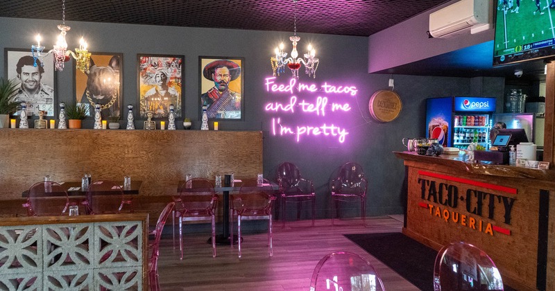 Interior, seating place with pictures on the wall in the back