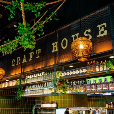 Bar area, hanging lanterns and plants.