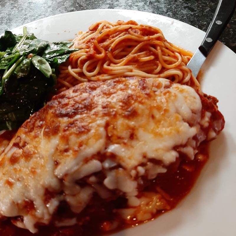 Eggplant Parmigiana with Spaghetti with Bread photo