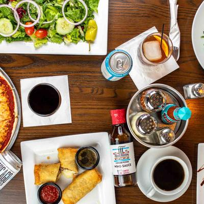 Assorted dishes and beverages, top view.