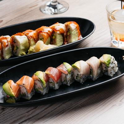 Sushi rolls and drinks.