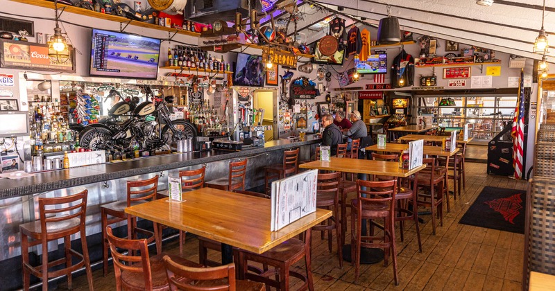 Interior, bar area with a motorcycle as decoration