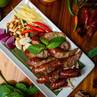 Lao Sausage, with Thai herbs, and spices.