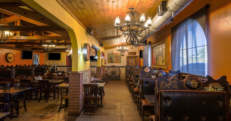 Interior, seating area, tables, chairs, and booths