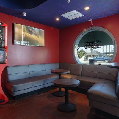 Sports bar interior space, cozy corner with upholstered bench seating