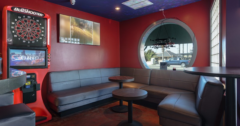 Sports bar interior space, cozy corner with upholstered bench seating